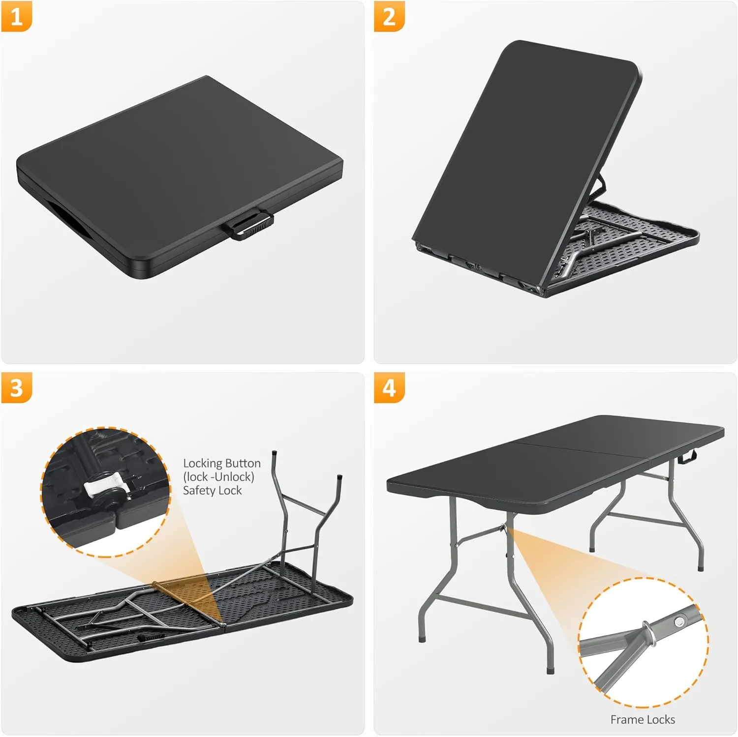 5 Foot Folding Table with Carrying Handle - Portable Plastic Fold in Half Table with Safety Locks, Heavy Duty Plastic Foldable Table for Party, Picnic, Camping, Dining (Black-A, 5FT)