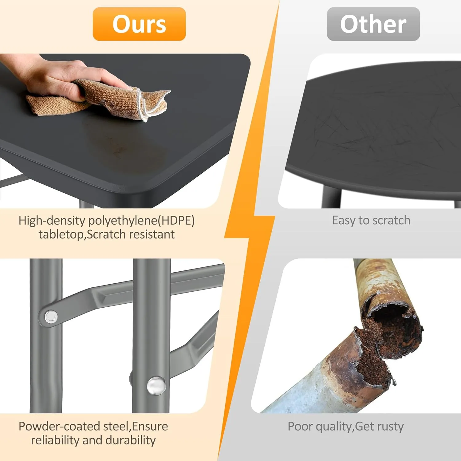 5 Foot Folding Table with Carrying Handle - Portable Plastic Fold in Half Table with Safety Locks, Heavy Duty Plastic Foldable Table for Party, Picnic, Camping, Dining (Black-A, 5FT)
