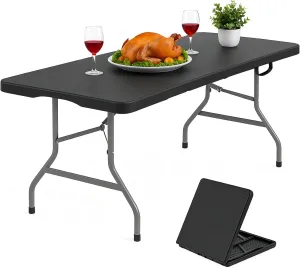5 Foot Folding Table with Carrying Handle - Portable Plastic Fold in Half Table with Safety Locks, Heavy Duty Plastic Foldable Table for Party, Picnic, Camping, Dining (Black-A, 5FT)