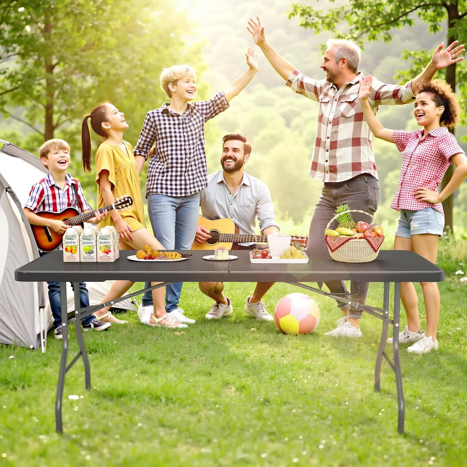 5 Foot Folding Table with Carrying Handle - Portable Plastic Fold in Half Table with Safety Locks, Heavy Duty Plastic Foldable Table for Party, Picnic, Camping, Dining (Black-A, 5FT)