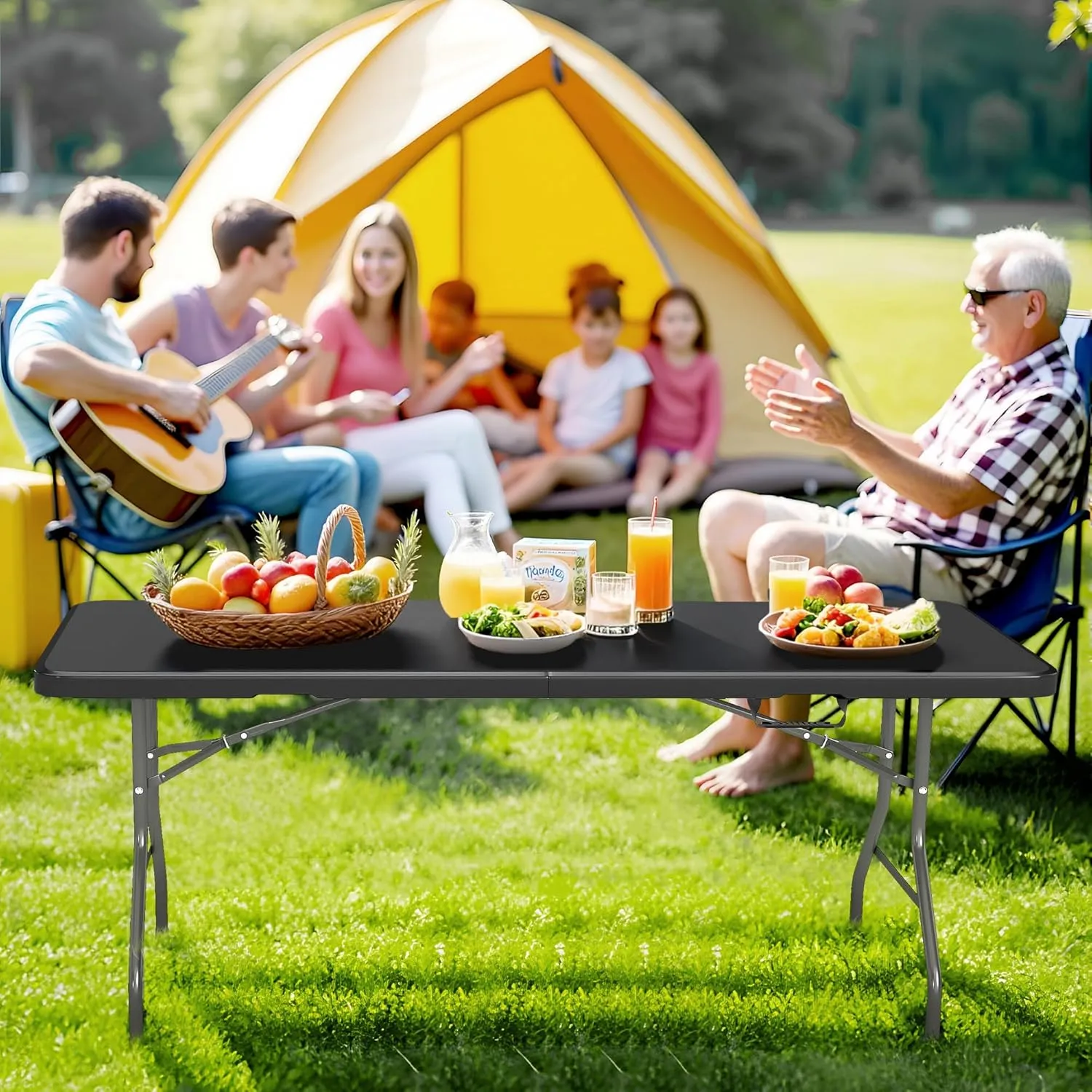 5 Foot Folding Table with Carrying Handle - Portable Plastic Fold in Half Table with Safety Locks, Heavy Duty Plastic Foldable Table for Party, Picnic, Camping, Dining (Black-A, 5FT)
