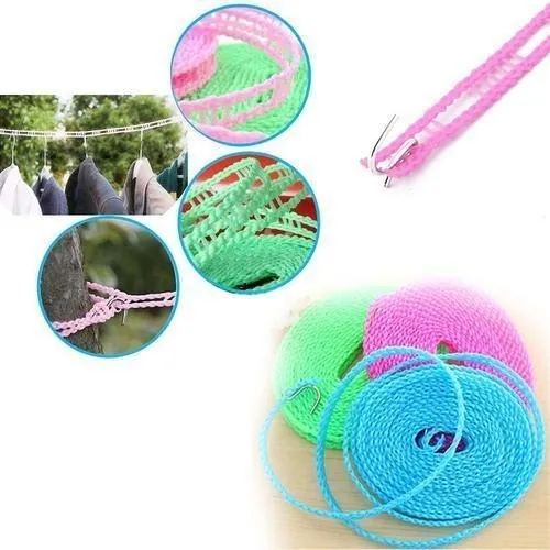 5 Meters Windproof Anti-Slip Clothes Washing Line Drying Nylon Rope with Hooks | Color May Vary