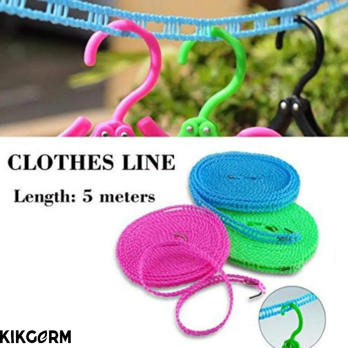 5 Meters Windproof Anti-Slip Clothes Washing Line Drying Nylon Rope with Hooks | Color May Vary