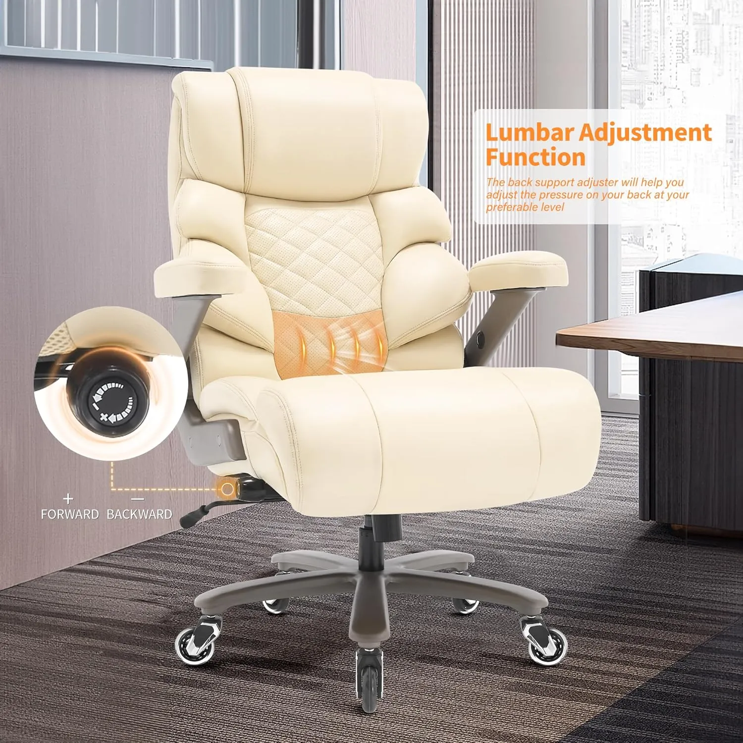500lbs Big and Tall Office Chair-Large Computer Chair with Adjustable Lumbar Support 3D Flip Arms Plus Size Wheels, High Back Executive Desk Chair, Heavy Duty Metal Base, Thick Padded Wide Seat
