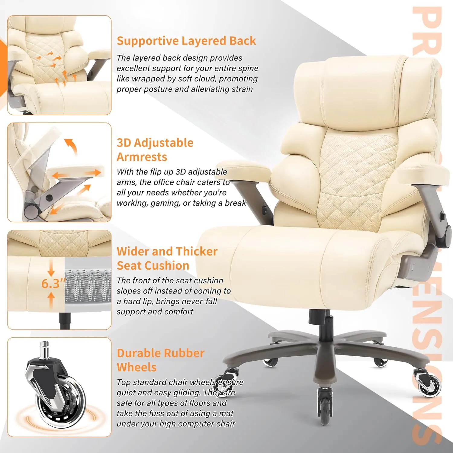 500lbs Big and Tall Office Chair-Large Computer Chair with Adjustable Lumbar Support 3D Flip Arms Plus Size Wheels, High Back Executive Desk Chair, Heavy Duty Metal Base, Thick Padded Wide Seat