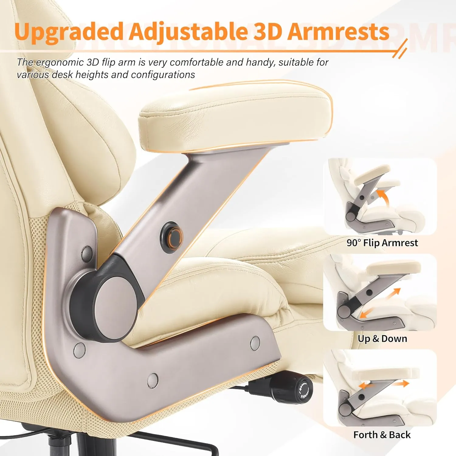 500lbs Big and Tall Office Chair-Large Computer Chair with Adjustable Lumbar Support 3D Flip Arms Plus Size Wheels, High Back Executive Desk Chair, Heavy Duty Metal Base, Thick Padded Wide Seat