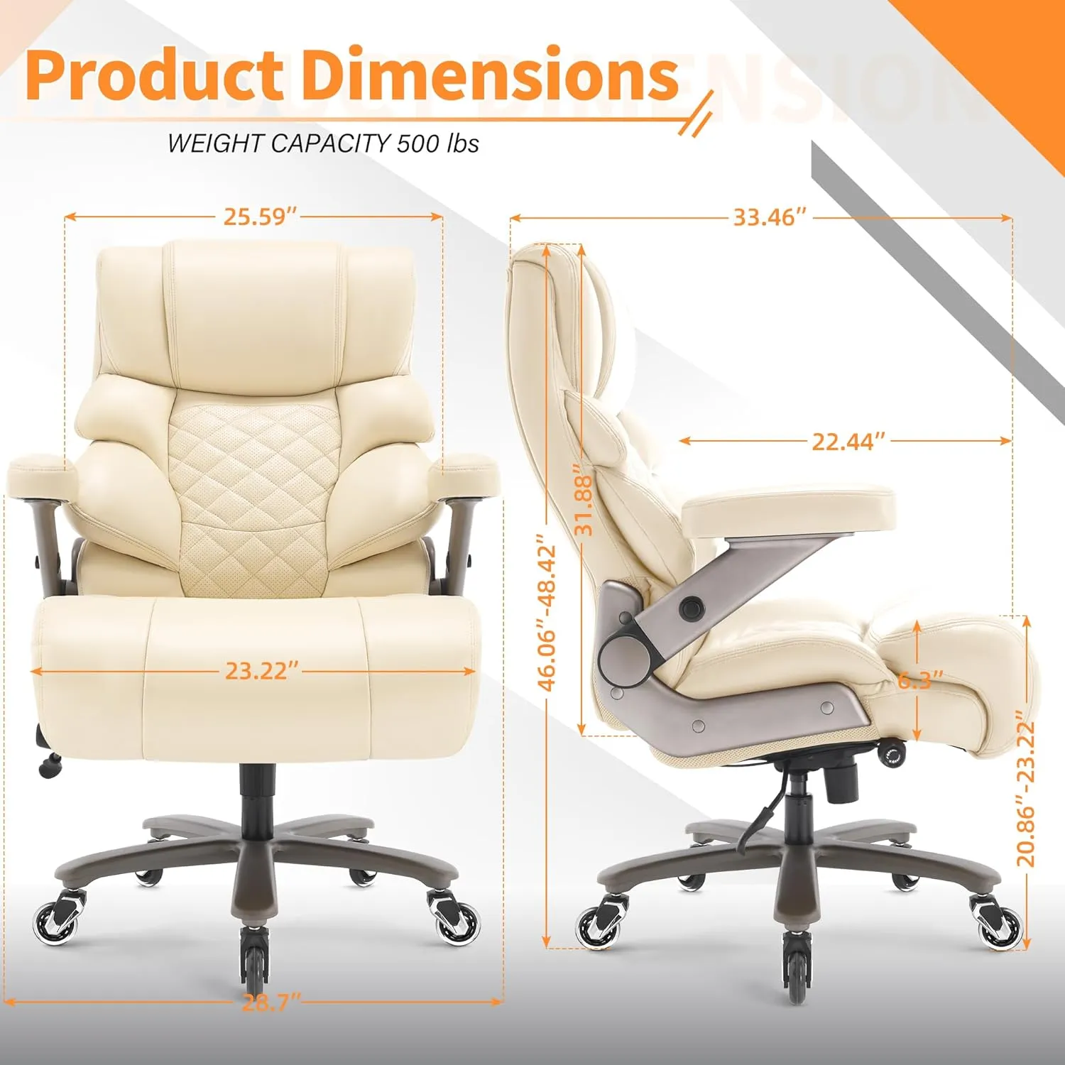 500lbs Big and Tall Office Chair-Large Computer Chair with Adjustable Lumbar Support 3D Flip Arms Plus Size Wheels, High Back Executive Desk Chair, Heavy Duty Metal Base, Thick Padded Wide Seat