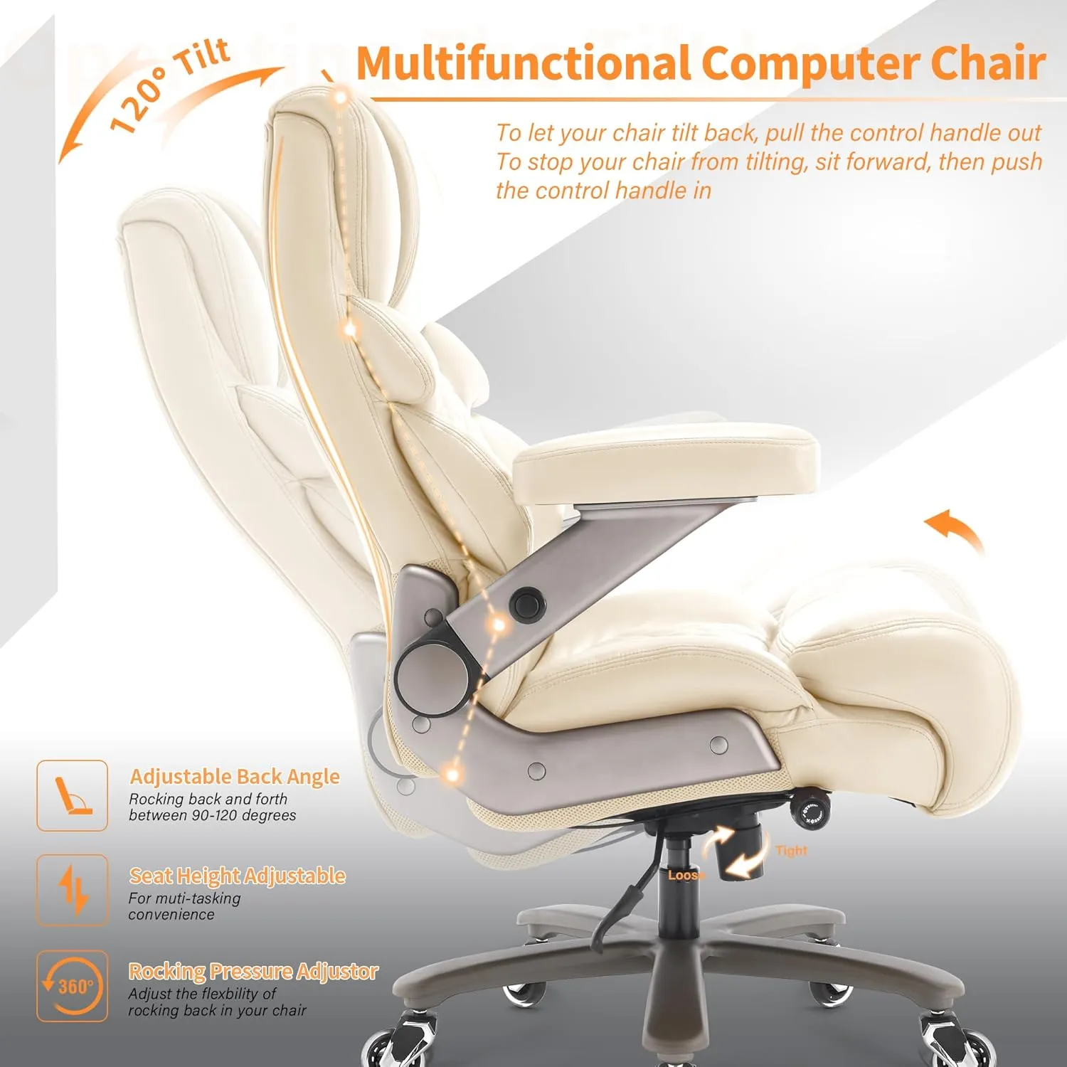 500lbs Big and Tall Office Chair-Large Computer Chair with Adjustable Lumbar Support 3D Flip Arms Plus Size Wheels, High Back Executive Desk Chair, Heavy Duty Metal Base, Thick Padded Wide Seat