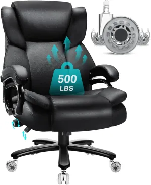 500lbs Big and Tall Office Chair with Dual Rubber Wheel, Heavy Duty Office Chair for Low Back Pain Relief, Large Executive Desk Chair with Adjustable Lumbar Support