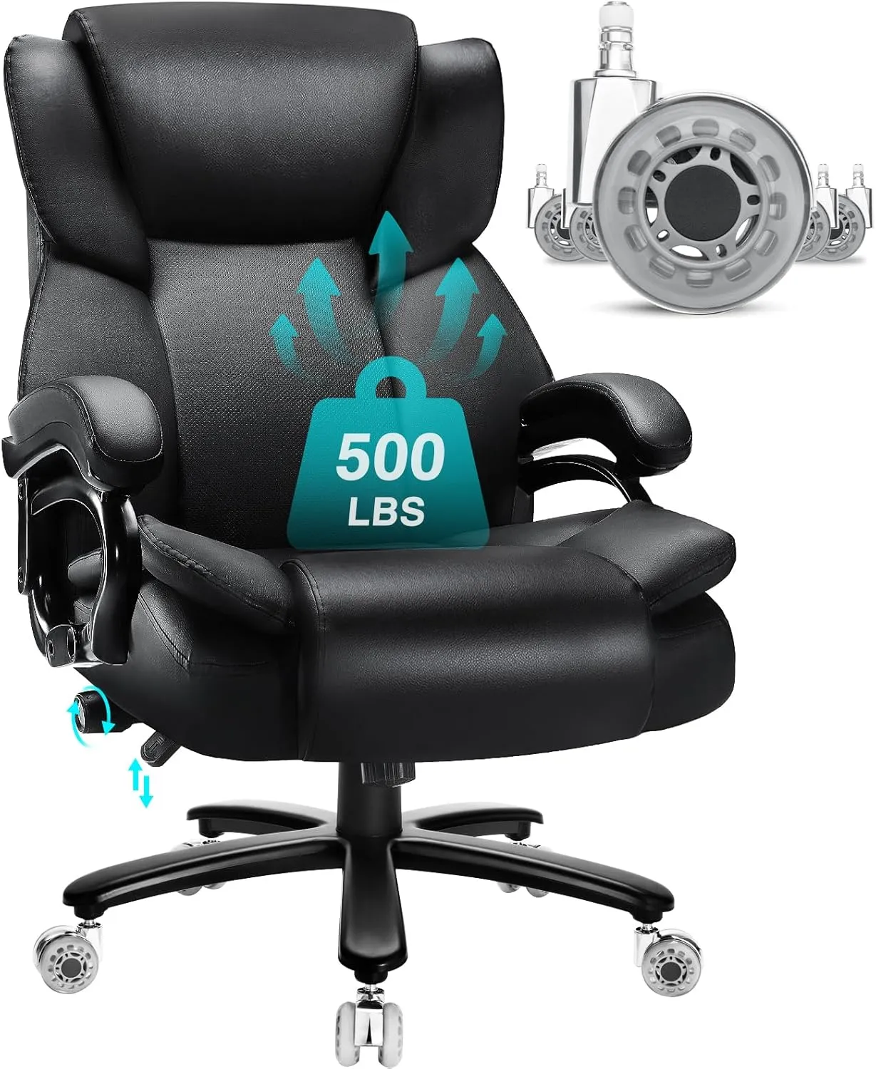 500lbs Big and Tall Office Chair with Dual Rubber Wheel, Heavy Duty Office Chair for Low Back Pain Relief, Large Executive Desk Chair with Adjustable Lumbar Support