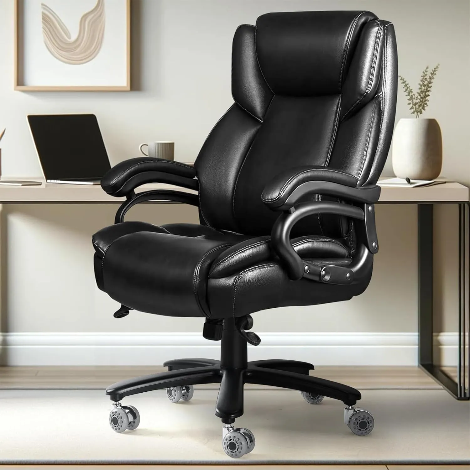500lbs Big and Tall Office Chair with Dual Rubber Wheel, Heavy Duty Office Chair for Low Back Pain Relief, Large Executive Desk Chair with Adjustable Lumbar Support