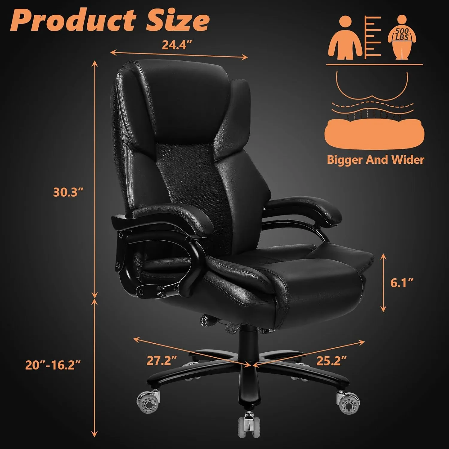 500lbs Big and Tall Office Chair with Dual Rubber Wheel, Heavy Duty Office Chair for Low Back Pain Relief, Large Executive Desk Chair with Adjustable Lumbar Support