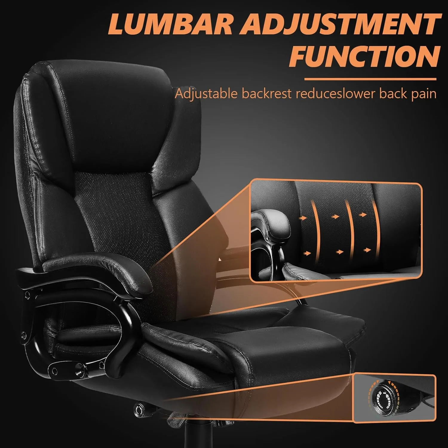 500lbs Big and Tall Office Chair with Dual Rubber Wheel, Heavy Duty Office Chair for Low Back Pain Relief, Large Executive Desk Chair with Adjustable Lumbar Support