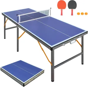 5ft Mid-Size Table Tennis Table Foldable & Portable Ping Pong Table Set for Indoor Games with Net, 2 Table Tennis Paddles and 3 Balls