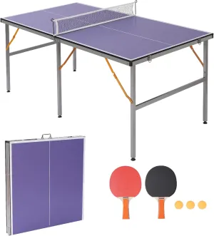 6-ft Mid-Size Table Tennis Table Set, Heavy Duty Aluminum Frame Ping Pong Table, Portable Table Tennis Game with Net, Foldable Ping Pong Table for Small Spaces, Indoor/Outdoor Backyard Garden