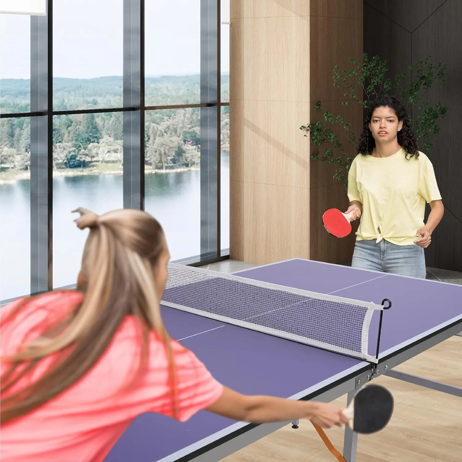 6-ft Mid-Size Table Tennis Table Set, Heavy Duty Aluminum Frame Ping Pong Table, Portable Table Tennis Game with Net, Foldable Ping Pong Table for Small Spaces, Indoor/Outdoor Backyard Garden