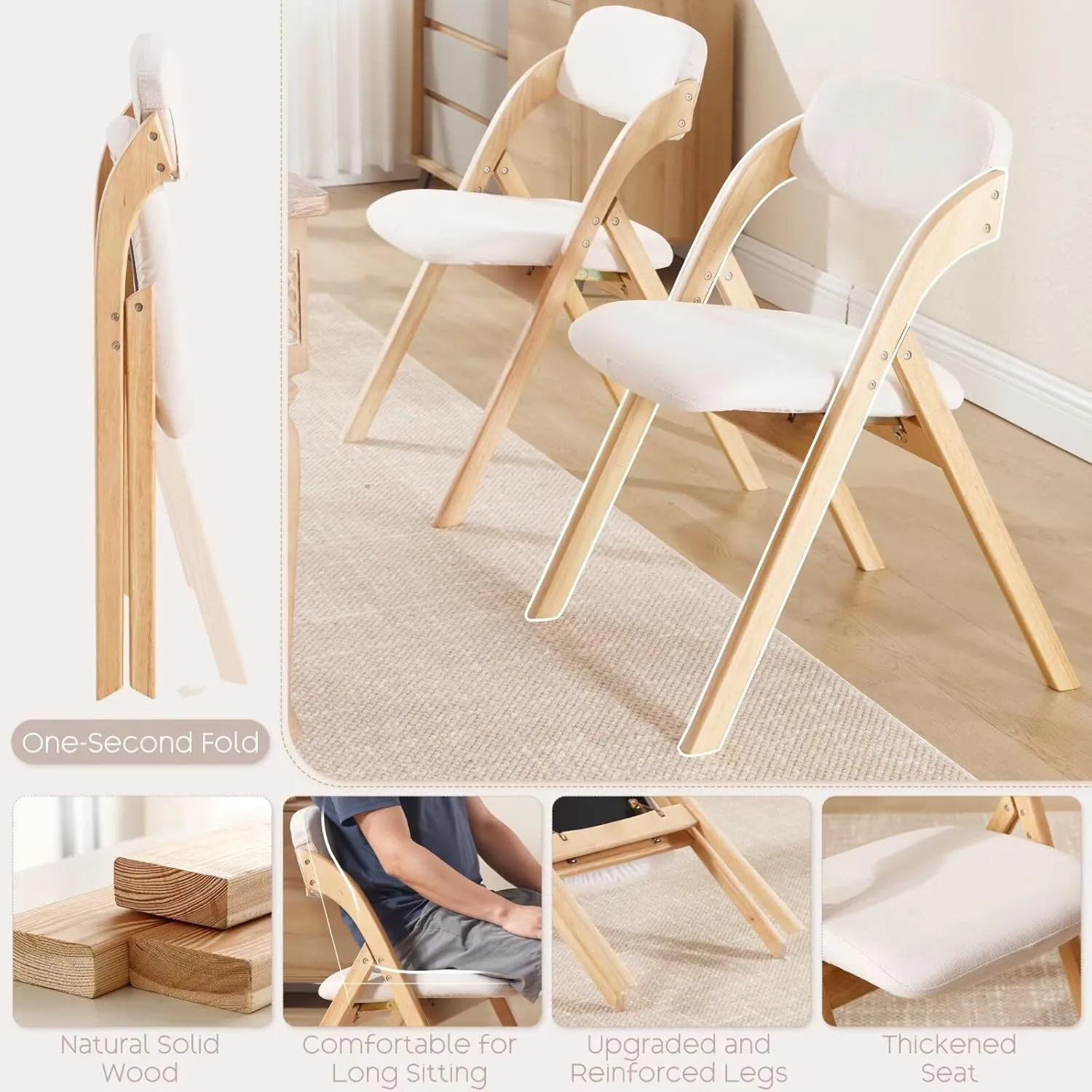 6-Pack Folding Chairs with Cushion, Linen Padded Foldable Dining Chairs Portable Raw Wooden Folding Chairs for Dining Room Kitchen Wedding Parties Offices Indoor Outdoor Beige