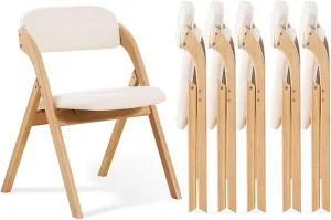 6-Pack Folding Chairs with Cushion, Linen Padded Foldable Dining Chairs Portable Raw Wooden Folding Chairs for Dining Room Kitchen Wedding Parties Offices Indoor Outdoor Beige
