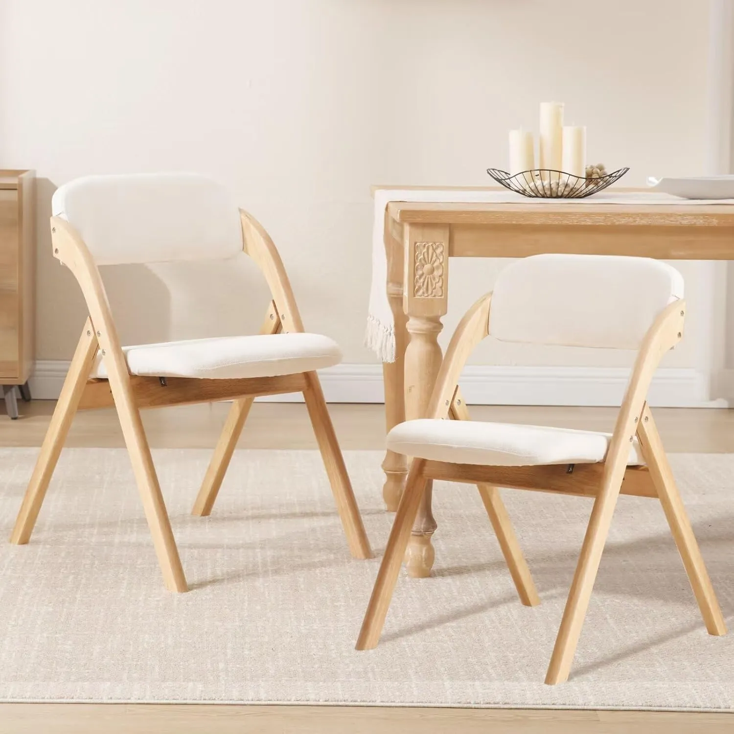 6-Pack Folding Chairs with Cushion, Linen Padded Foldable Dining Chairs Portable Raw Wooden Folding Chairs for Dining Room Kitchen Wedding Parties Offices Indoor Outdoor Beige