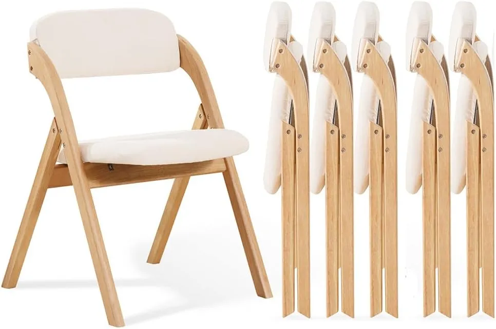 6-Pack Folding Chairs with Cushion, Linen Padded Foldable Dining Chairs Portable Raw Wooden Folding Chairs for Dining Room Kitchen Wedding Parties Offices Indoor Outdoor Beige