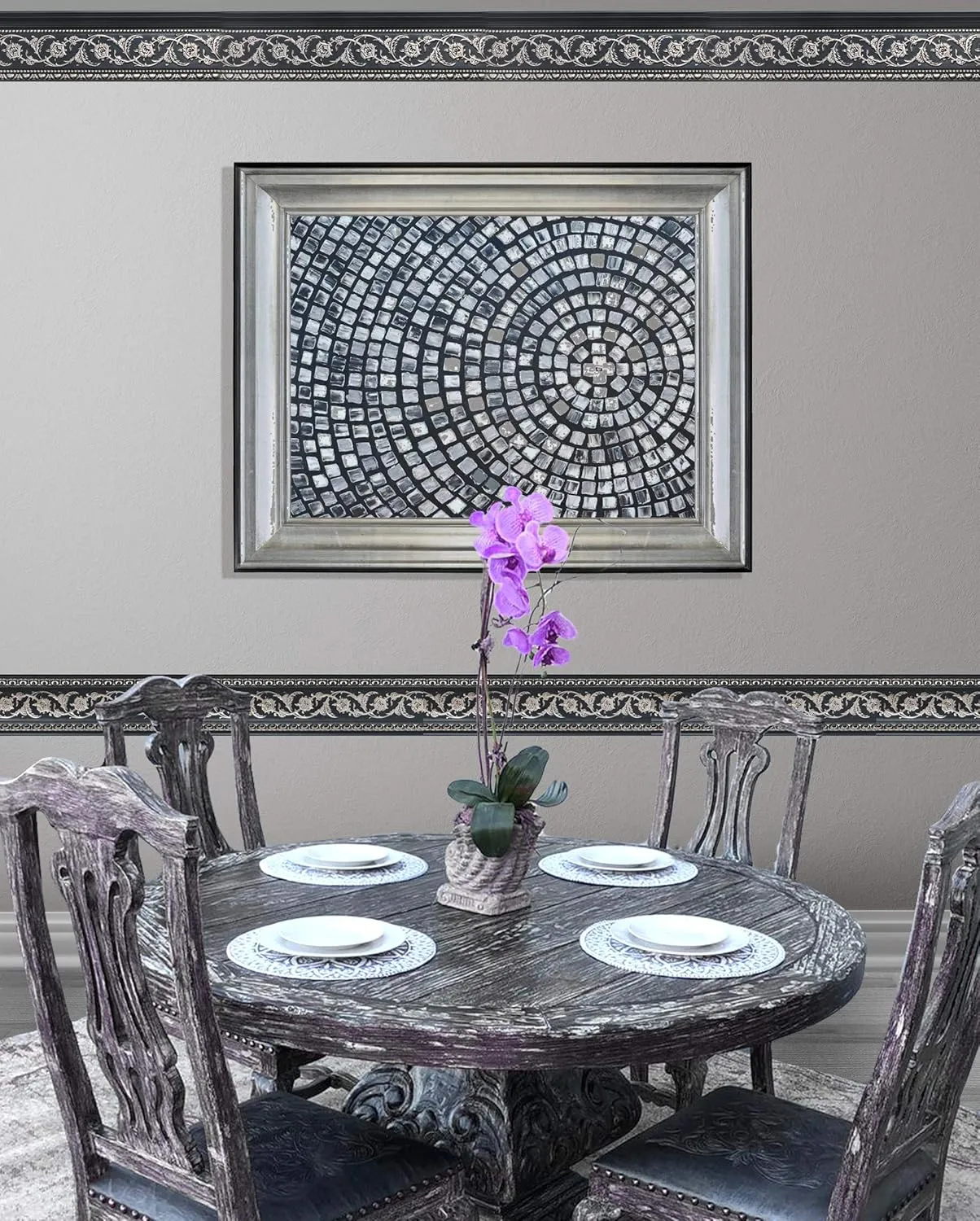 6 Pieces Chair Rail 94 Inch (Silver Floral on Black Chair Rail 94 Inch)