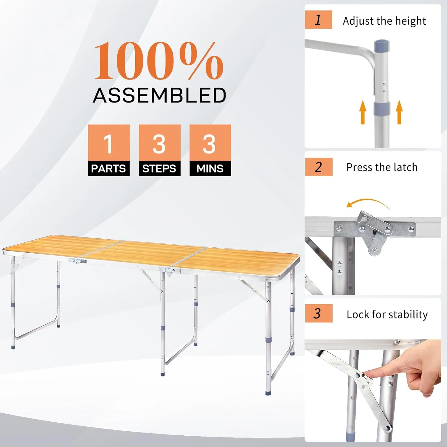 6.0 Ft Folding Portable Camping Table with Three Adjustable Heights, Tri-fold Outdoor Table, Outdoor Camping Kitchen, BBQ, Dining, Picnic, Cooking, Beach, Garden, Yellow