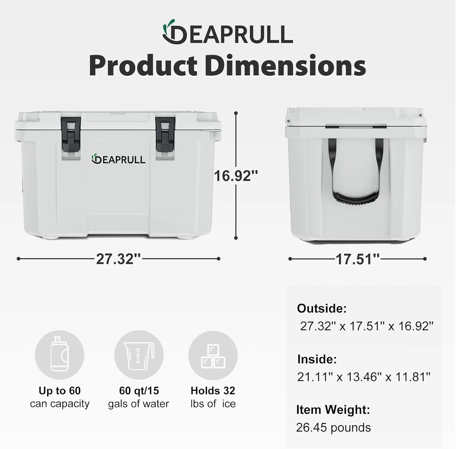 60 Quart Hard Cooler, Insulated Ice Chest Box Holds Ice for up to 6 Days, Portable Cooler with Nylon Rope Handles, Cup Holders, Double Latches for Camping Drink, Beach, Picnic, Fishing, Boat, Barbecue