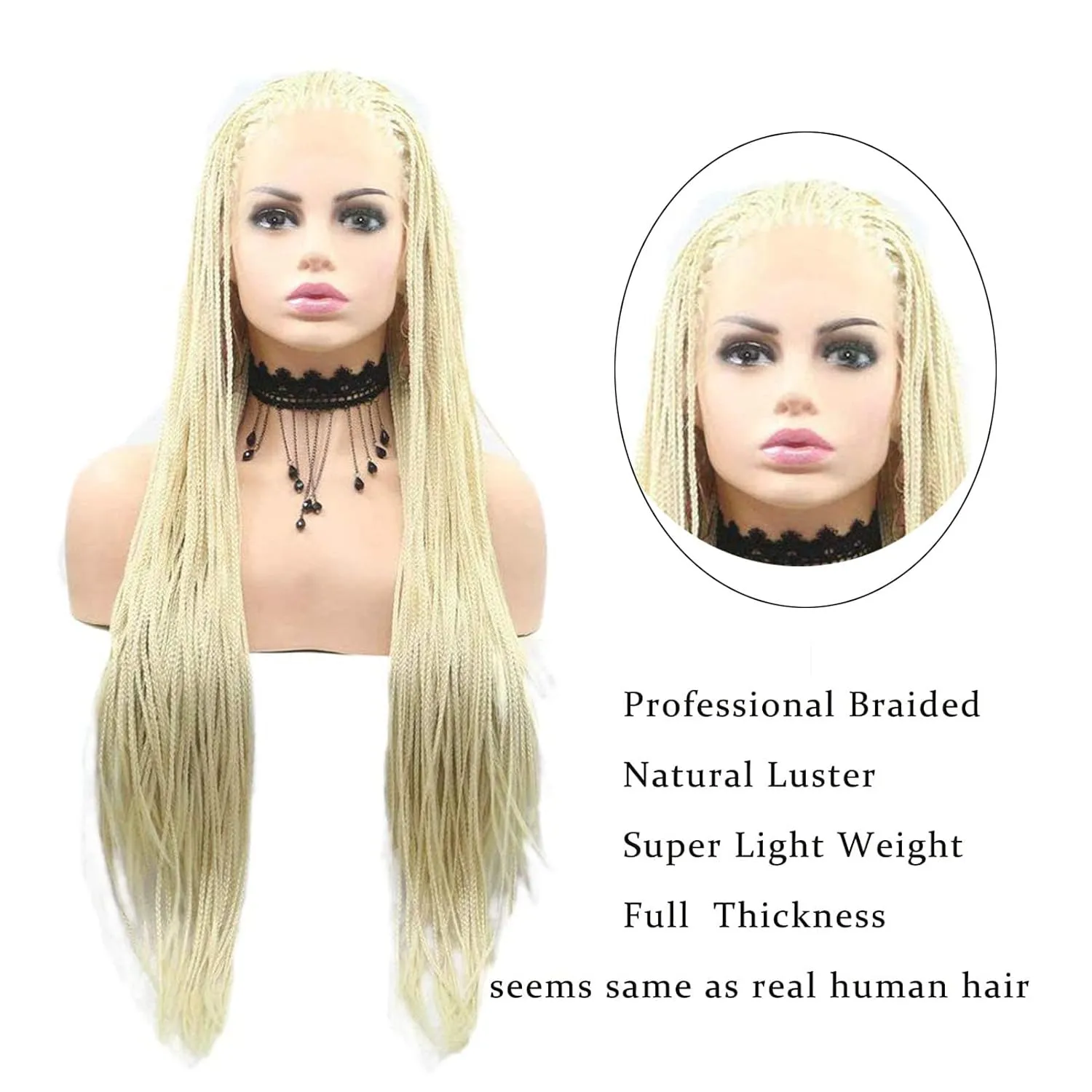 613 Blonde Braided Wig Long Cornrow Knotless Braid Wig for Women Handmade Micro Pre Braided Box Braids Lace Wig Natural Hairline Glueless Synthetic Heat Resistant Fiber Hair Cosplay Daily 26Inch