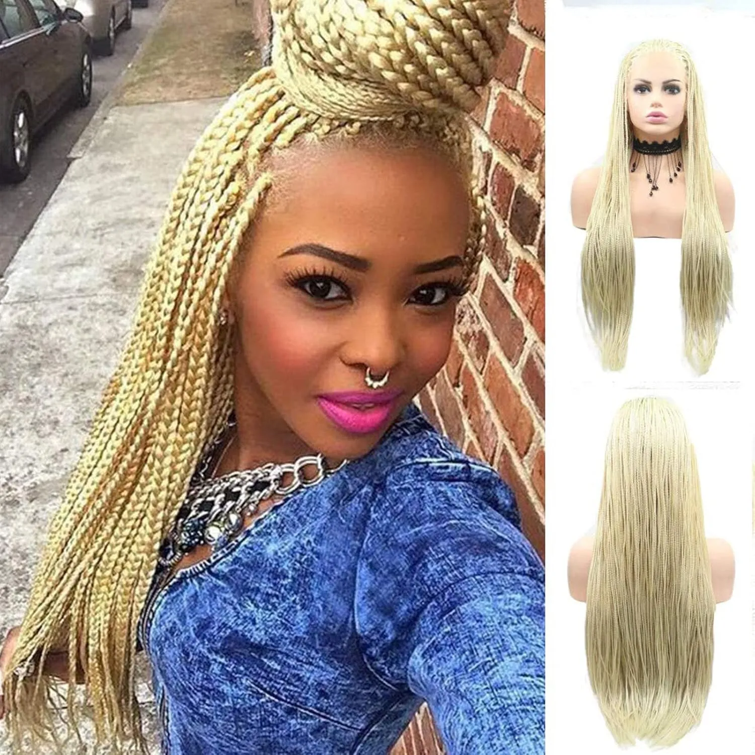 613 Blonde Braided Wig Long Cornrow Knotless Braid Wig for Women Handmade Micro Pre Braided Box Braids Lace Wig Natural Hairline Glueless Synthetic Heat Resistant Fiber Hair Cosplay Daily 26Inch