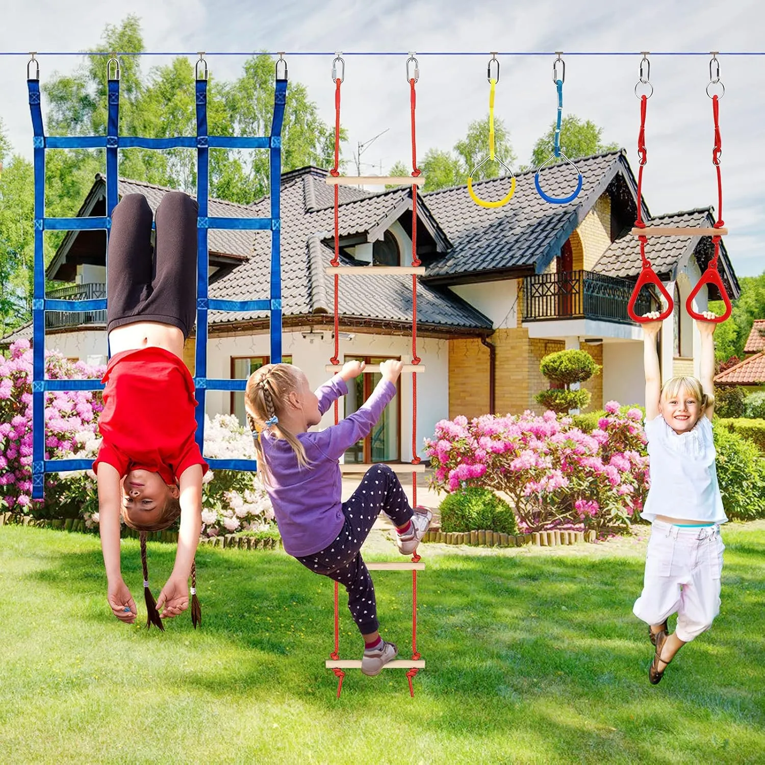 65FT Ninja Warrior Obstacle Course for Kids with 12 Obstacle Course Accessories-Swings, Monkey Bars, Arm Trainers and More, Suitable for Boys and Girls Over 3 Years Old-440 lbs Weight Capacit