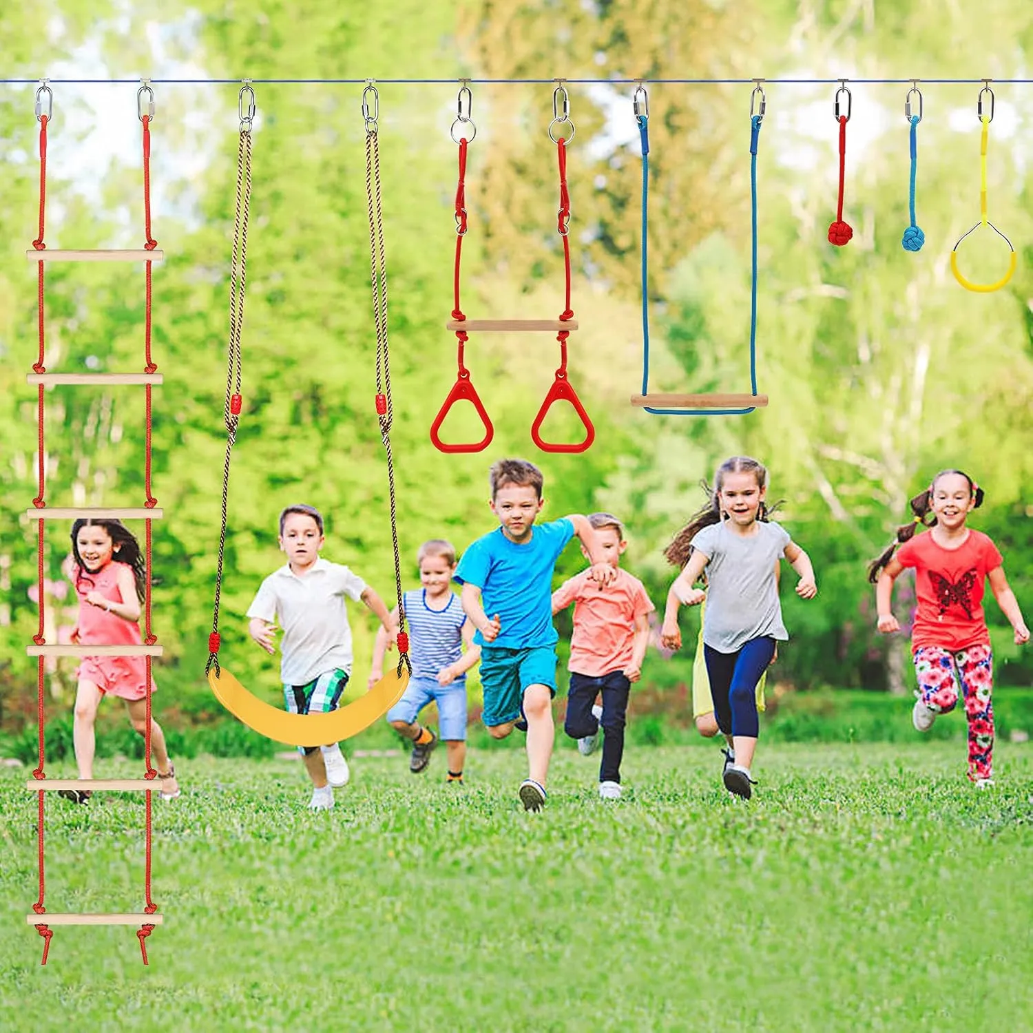 65FT Ninja Warrior Obstacle Course for Kids with 12 Obstacle Course Accessories-Swings, Monkey Bars, Arm Trainers and More, Suitable for Boys and Girls Over 3 Years Old-440 lbs Weight Capacit