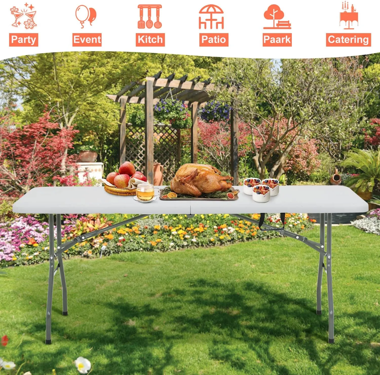 6Ft Plastic Folding Table, Indoor and Outdoor Use Portable Party Table, Banquet Dinning Desk with Lock, Handle -Plastic Folding Picnic Table Camping Table Office Desk, White