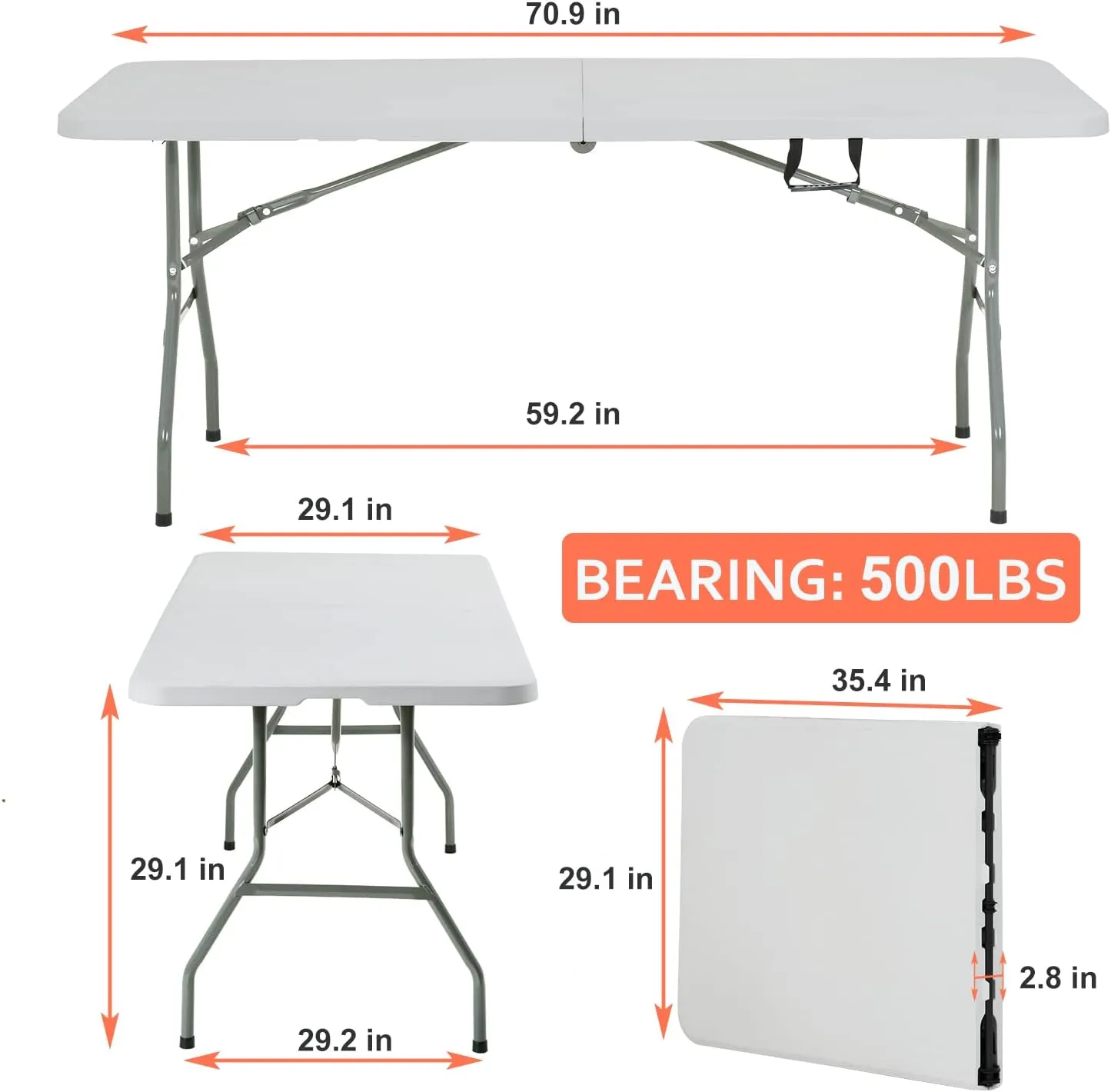 6Ft Plastic Folding Table, Indoor and Outdoor Use Portable Party Table, Banquet Dinning Desk with Lock, Handle -Plastic Folding Picnic Table Camping Table Office Desk, White