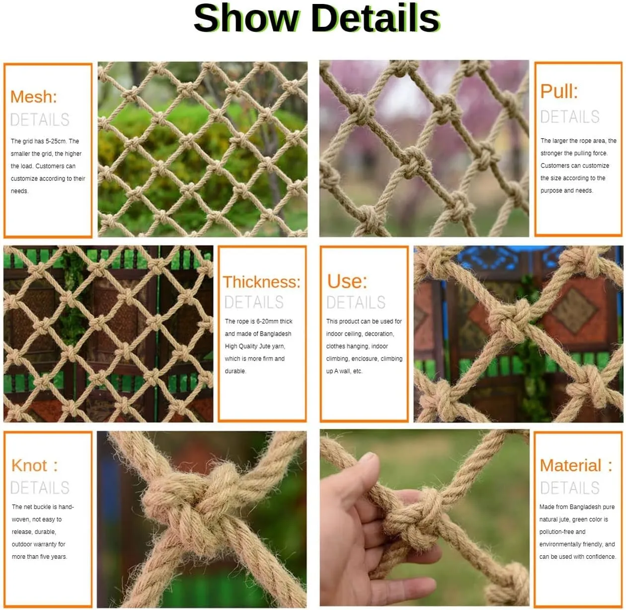6mm Natural Jute Rope Plant Support Net for Gardens,Hemp Rope Netting Plant Climbing Garden Netting Trellis for Climbing Plants Bean Fruits Parrot Bird Pet Climbing Rope Net(1Mx3M(3.3FTx9.8FT))