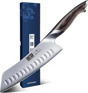 7 Inch Japanese Chef Knife, Ultra Sharp High Carbon Stainless Steel Kitchen Knife, Professional Santoku Knives with Ergonomic Pakkawood Handle
