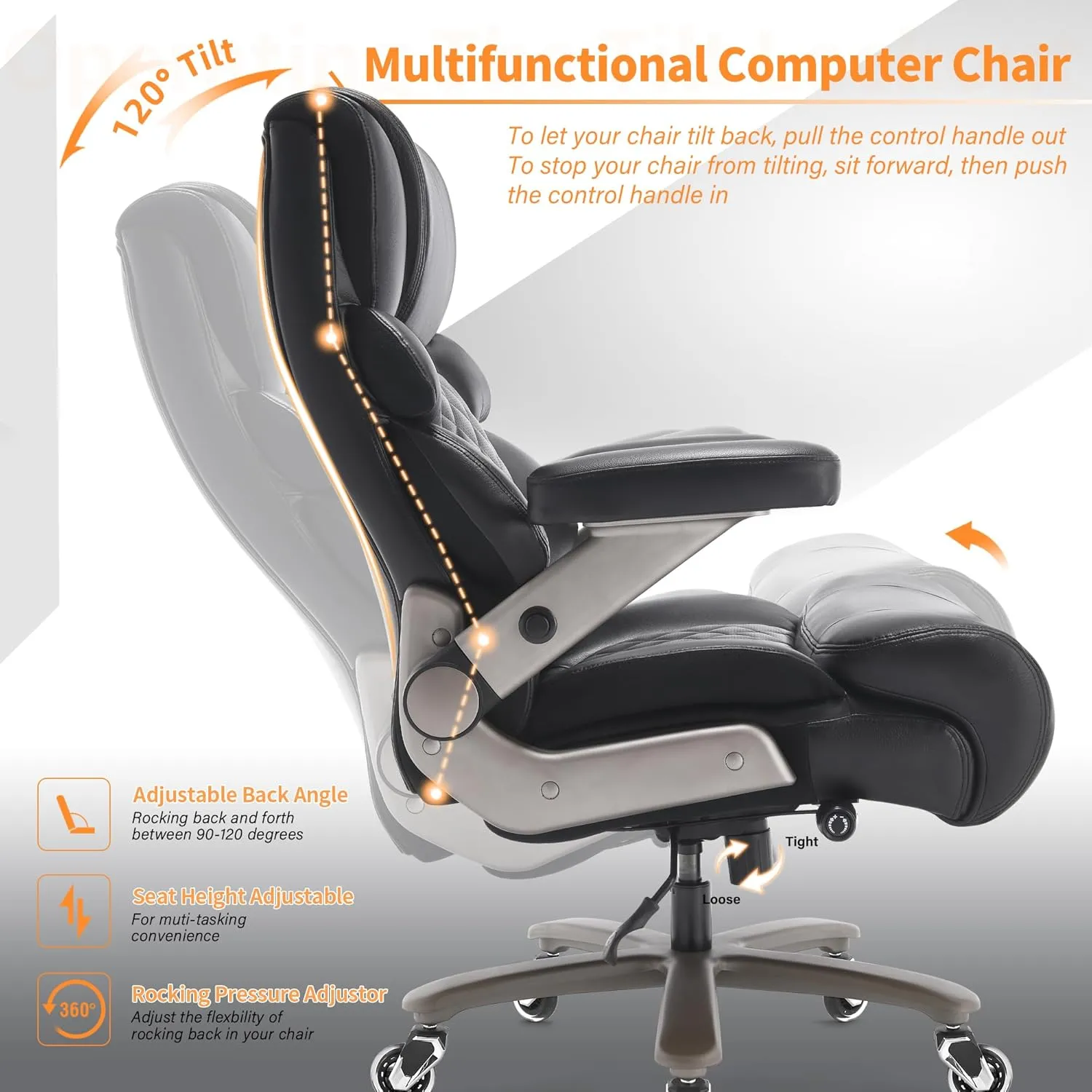 700lbs Big and Tall Office Chair-Large Computer Chair with Adjustable Lumbar Support 3D Flip Arms Plus Size Wheels, High Back Executive Desk Chair, Heavy Duty Metal Base, Thick Padded Wide Seat
