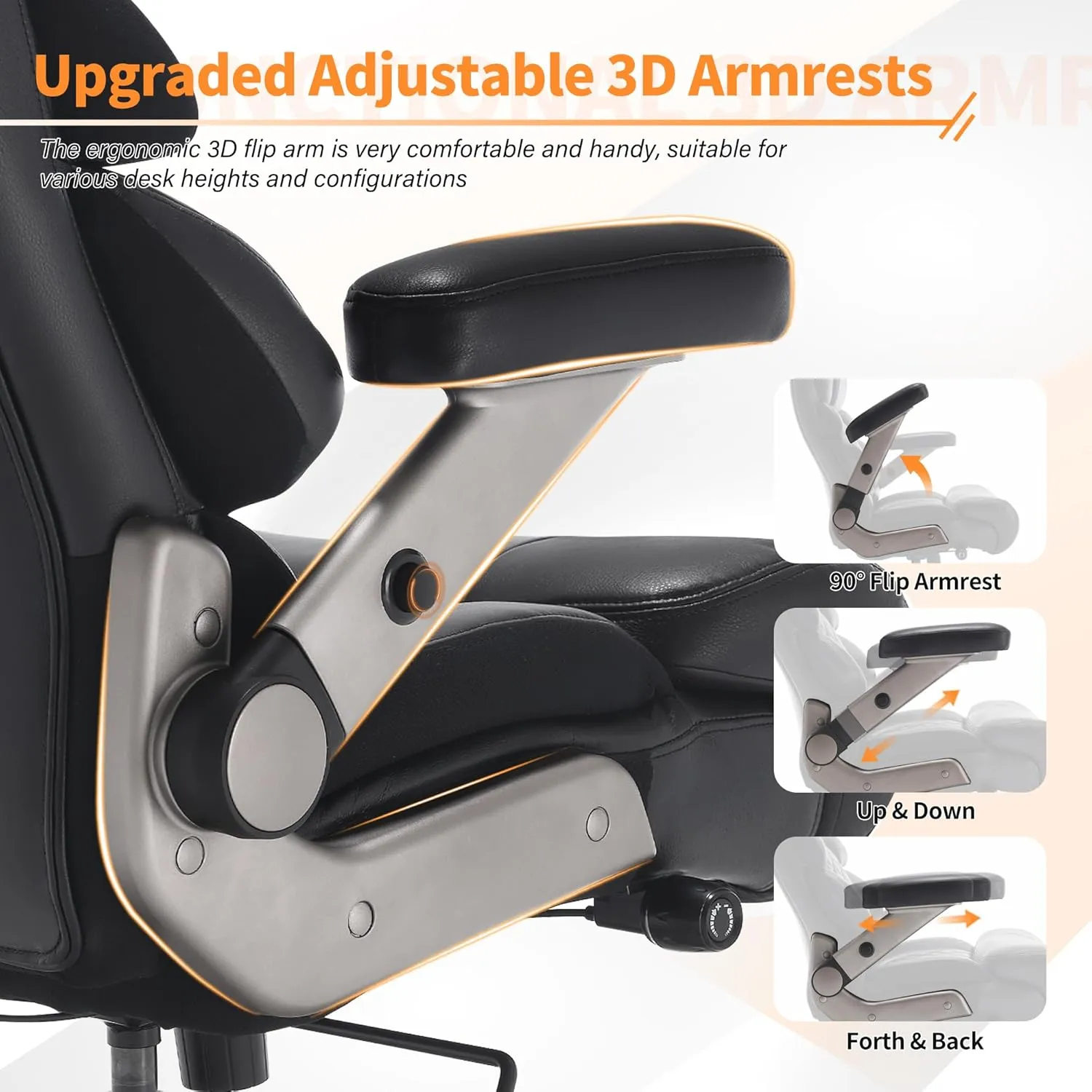 700lbs Big and Tall Office Chair-Large Computer Chair with Adjustable Lumbar Support 3D Flip Arms Plus Size Wheels, High Back Executive Desk Chair, Heavy Duty Metal Base, Thick Padded Wide Seat