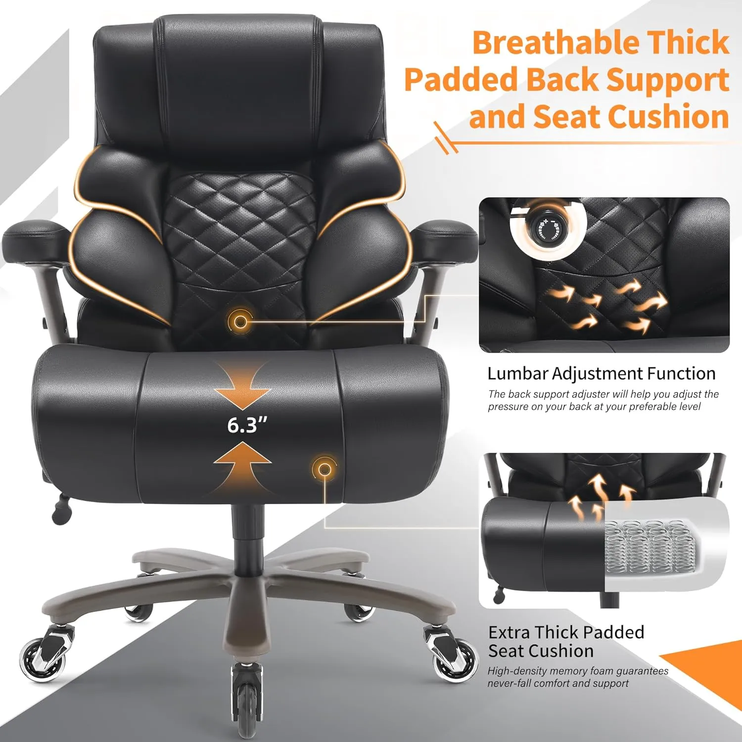 700lbs Big and Tall Office Chair-Large Computer Chair with Adjustable Lumbar Support 3D Flip Arms Plus Size Wheels, High Back Executive Desk Chair, Heavy Duty Metal Base, Thick Padded Wide Seat