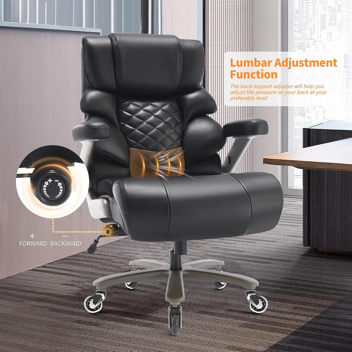 700lbs Big and Tall Office Chair-Large Computer Chair with Adjustable Lumbar Support 3D Flip Arms Plus Size Wheels, High Back Executive Desk Chair, Heavy Duty Metal Base, Thick Padded Wide Seat