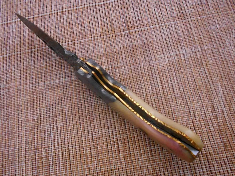 7.5" Folding Knife, 3.5" Hand Forged Twist Pattern Damascus Steel Blade with 3 Holes, White Camel Bone Scale Pocket Knife, Liner Lock & Thumb knob Equipped, Cow Hide Leather Sheath