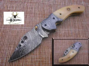 7.5" Folding Knife, 3.5" Hand Forged Twist Pattern Damascus Steel Blade with 3 Holes, White Camel Bone Scale Pocket Knife, Liner Lock & Thumb knob Equipped, Cow Hide Leather Sheath