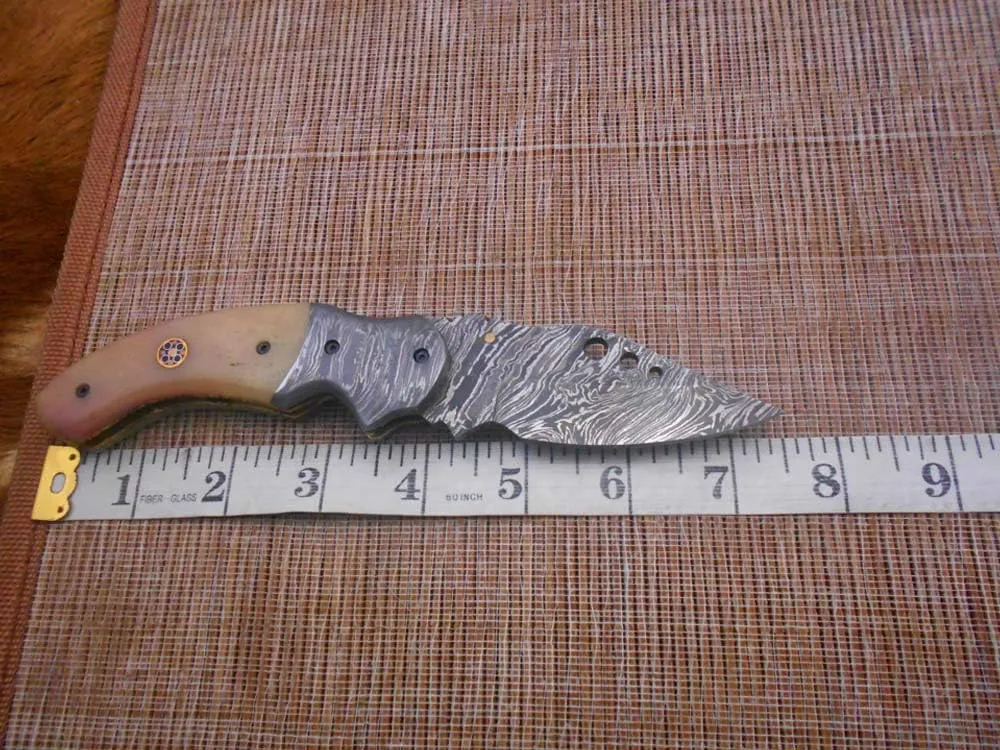 7.5" Folding Knife, 3.5" Hand Forged Twist Pattern Damascus Steel Blade with 3 Holes, White Camel Bone Scale Pocket Knife, Liner Lock & Thumb knob Equipped, Cow Hide Leather Sheath