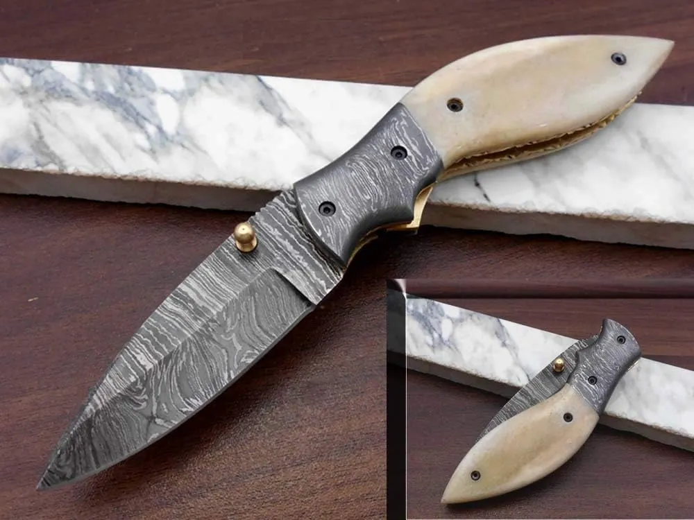 7.5" Folding Knife, 3.5" Legal Hand Forged Twist Pattern Damascus Steel Blade, Black & White Scales Available, Pocket Knife, Liner Lock & Thumb knob Equipped, Cow Hide Leather Sheath Included
