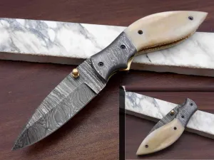 7.5" Folding Knife, 3.5" Legal Hand Forged Twist Pattern Damascus Steel Blade, Black & White Scales Available, Pocket Knife, Liner Lock & Thumb knob Equipped, Cow Hide Leather Sheath Included