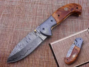 7.5" Folding Knife, Hand Forged Twist Pattern Damascus Steel Rose Wood Scale with Damascus Bolster Pocket Knife, Equipped with Brass Liner Lock & Thumb knob, Cow Hide Leather Sheath