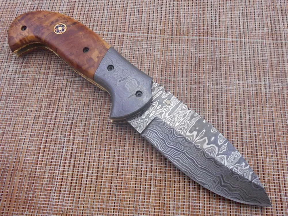 7.5" Folding Knife, Hand Forged Twist Pattern Damascus Steel Rose Wood Scale with Damascus Bolster Pocket Knife, Equipped with Brass Liner Lock & Thumb knob, Cow Hide Leather Sheath