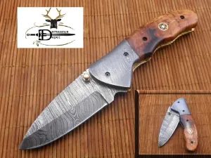 7" Long Damascus Steel Folding Knife with Rose Wood Scale Custom Made 3" Hand Forged Blade Cow Hide Leather Sheath (Kow Wood)