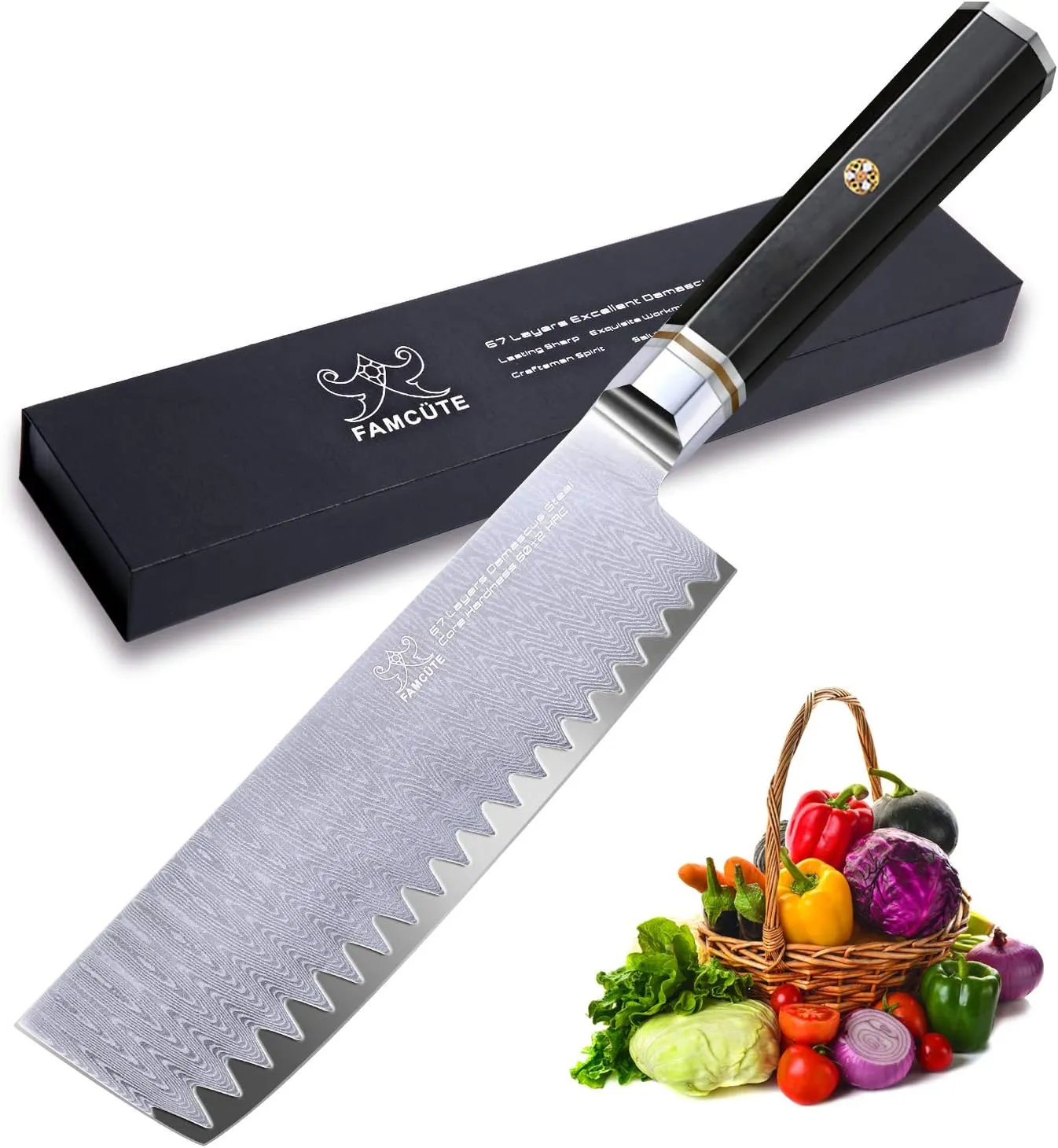 7" Nakiri Knife, Made of 67 Layers Damascus w/Octago Indonesian Ebony Handle Professional kitchen Japanese Cleaver Knife Cut Vegetables have Razor Sharp and Superb Edge Retention