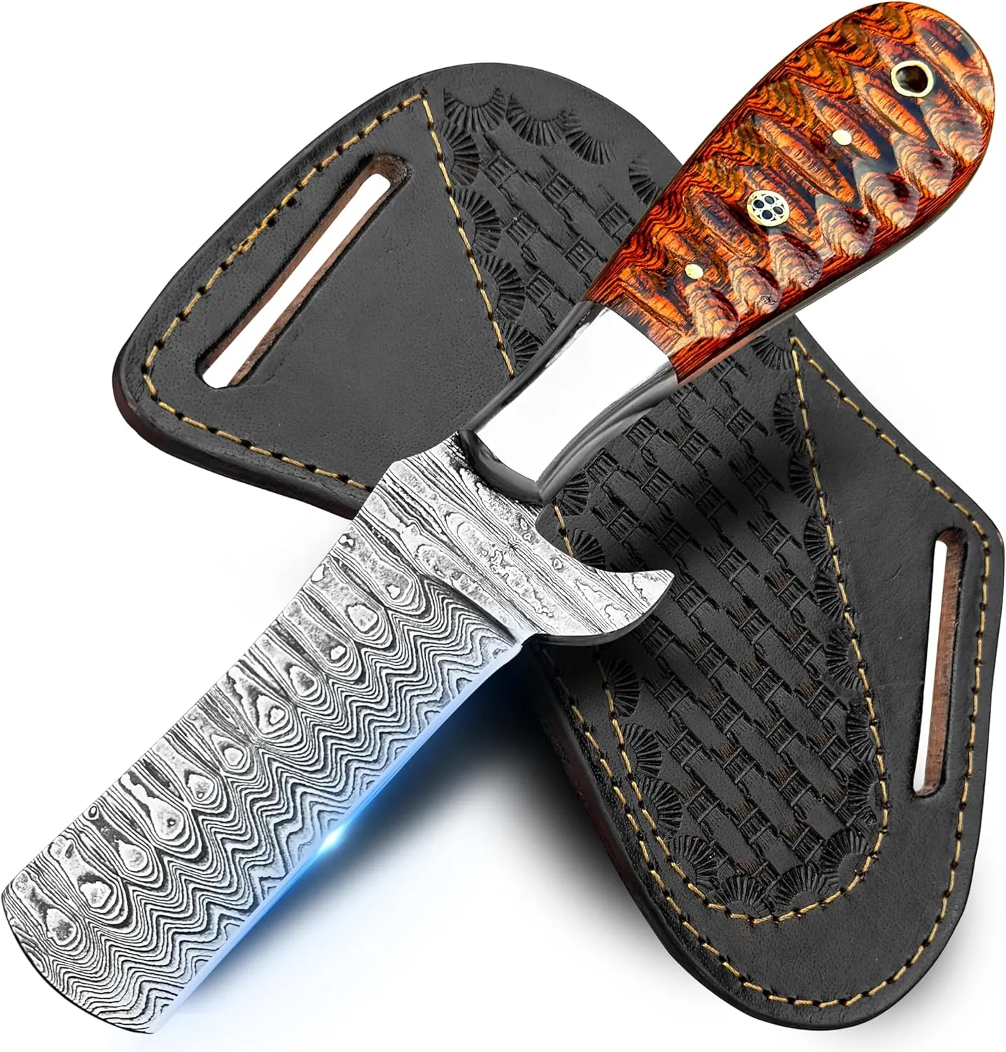 8” Cowboy Knife with leather sheath, Handmade Sharp Damascus Bull cutter knife - EDC Fixed Blade Knife, Hunting Knife ideal for Skinning, Camping and Outdoor Activities
