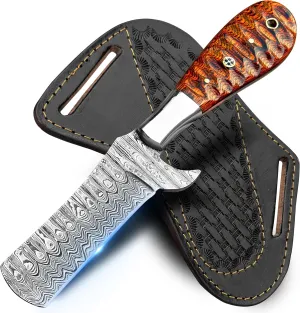 8” Cowboy Knife with leather sheath, Handmade Sharp Damascus Bull cutter knife - EDC Fixed Blade Knife, Hunting Knife ideal for Skinning, Camping and Outdoor Activities